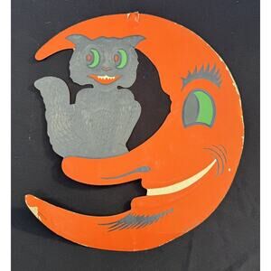 Rare Fantastic 1940’s Large Halloween Decoration of A Black Cat & Crescent Moon